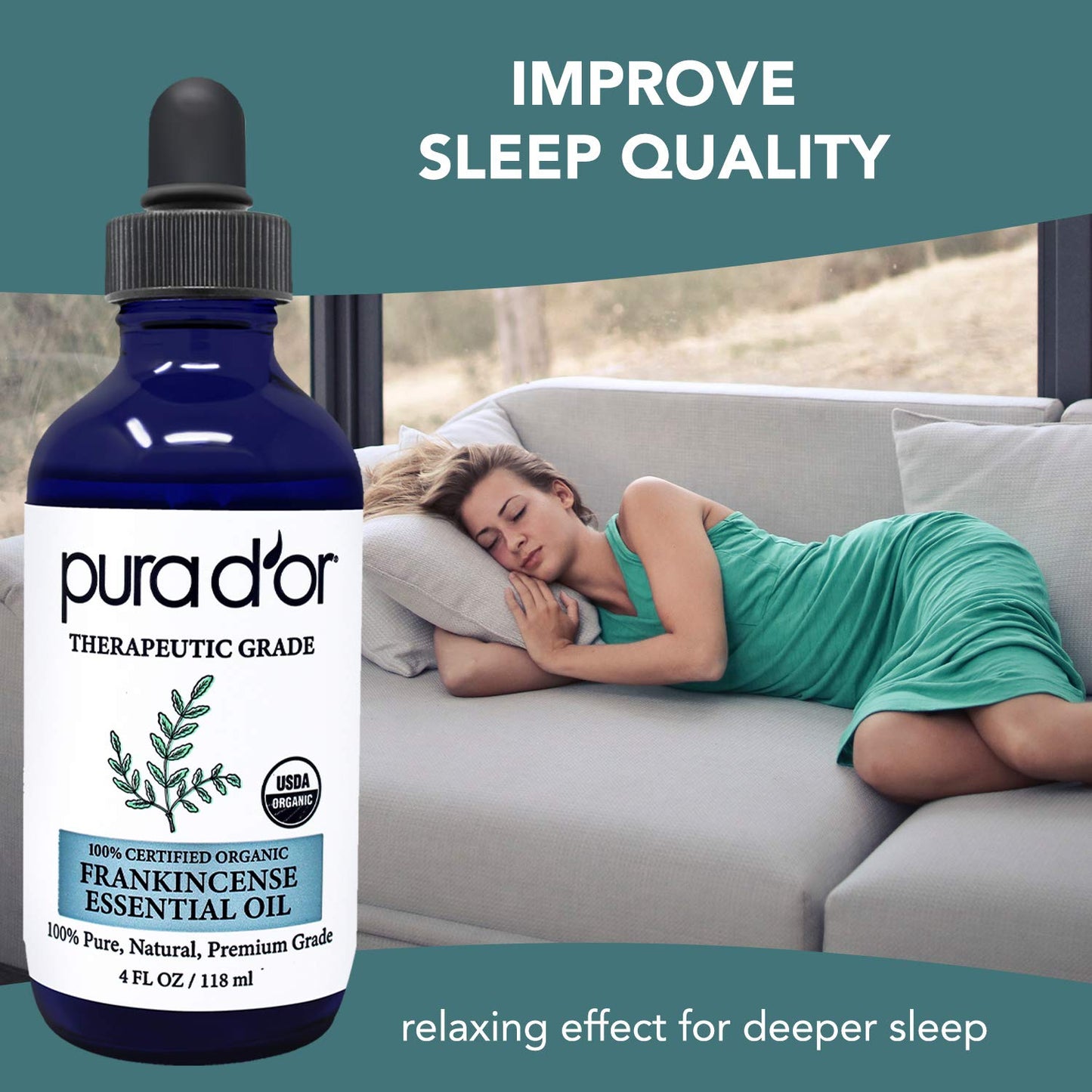 PURA D'OR ORGANIC Frankincense Essential Oil (4oz with Glass Dropper) 100% Pure & Natural Therapeutic Grade For Hair, Body, Skin, Aromatherapy Diffuser, Relaxation, Meditation, Mood, Massage, DIY Home