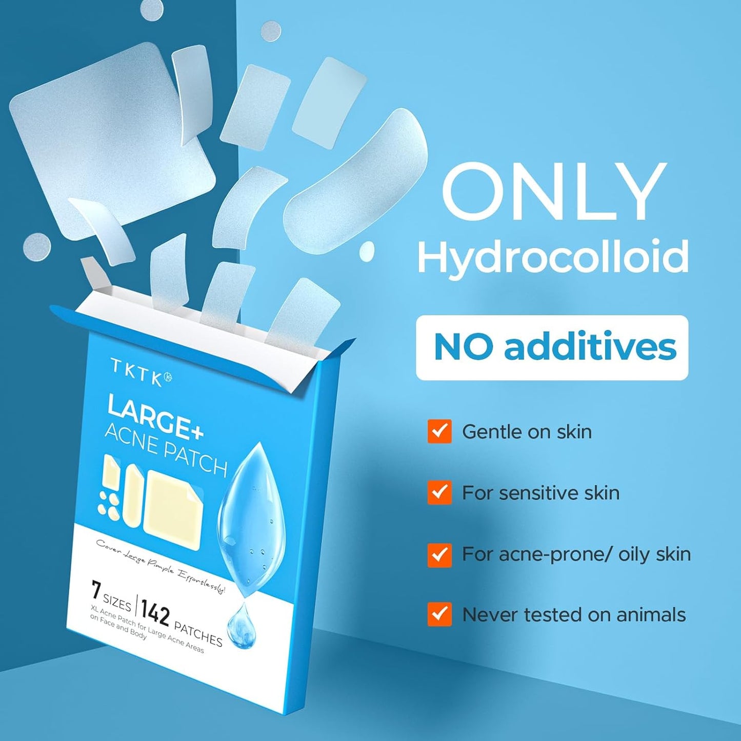 Large Pimple Patches for Face, 7 Sizes Big Acne Patches, XL Hydrocolloid Bandages for Body, Chin, Forehead, Nose, Back Blemish Zit Breakouts, Hydrocolloid Patch (Square, Strip, Dot 142 Count)