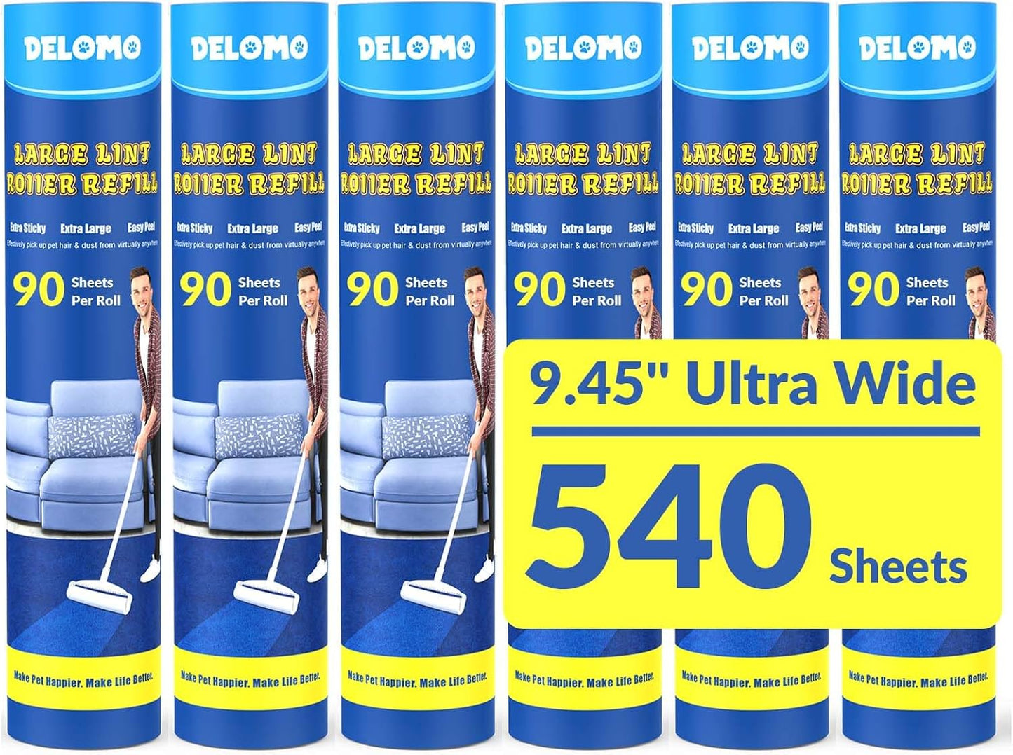 Lint Roller Refills (6 Pack, 540 Sheets) – DELOMO 9.45 in Large Lint Roller Refill, Compatible Only with DELOMO Floor Lint Roller, for Cleaning Carpets, Cars, Clothing & Pet Hair