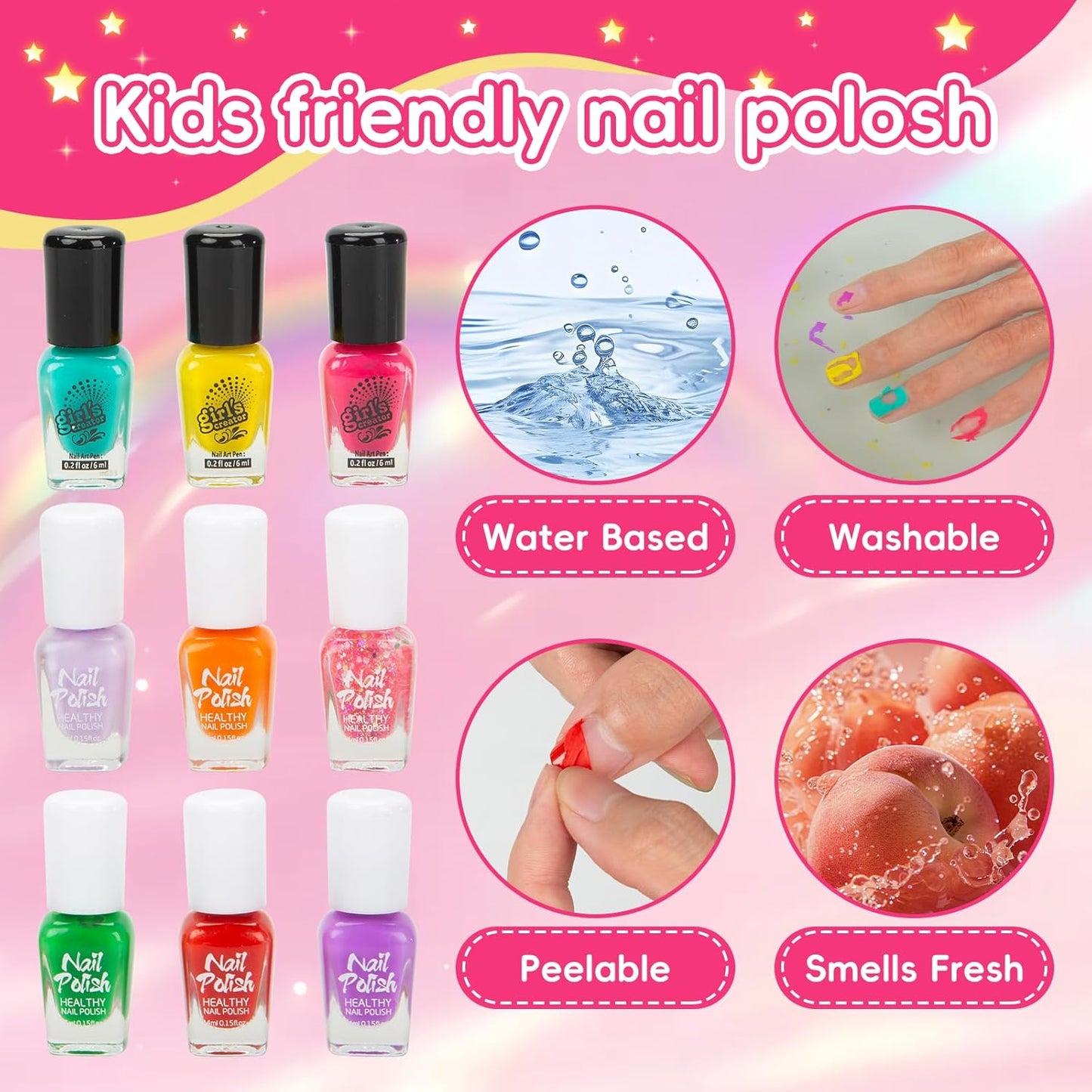 Kids Nail Polish Set for Girls, Nail Art Kit with Nail Dryer, 9 Peel Off Washable Polish, 24 Press on Fake Nails, Glitter Powder, Gifts for Girls Ages 6-12