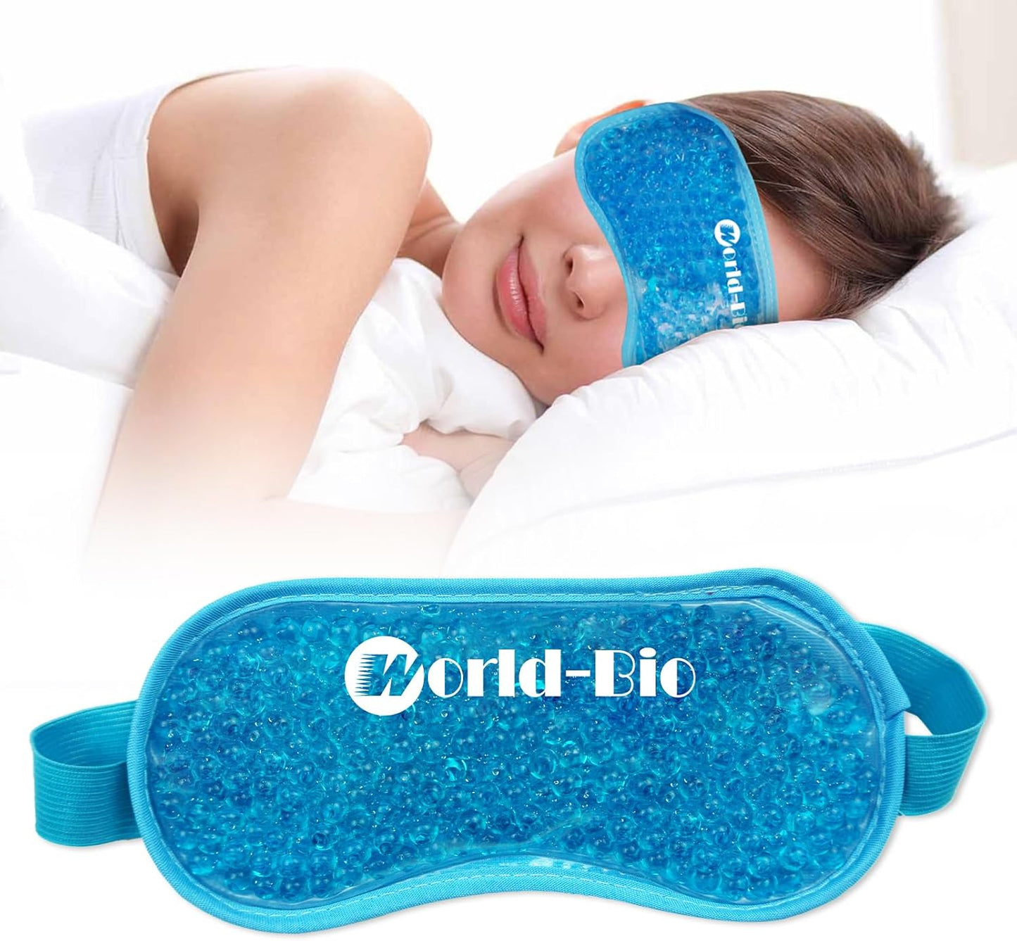 WORLD-BIO Reusable Ice Face Mask & Cooling Eye Mask - Cold Therapy Gel Pack for Puffy Eyes, Dark Circles Relief, Headache & Migraine Soothing - 3 Pcs Set with Adjustable Strap & Freezable Gel