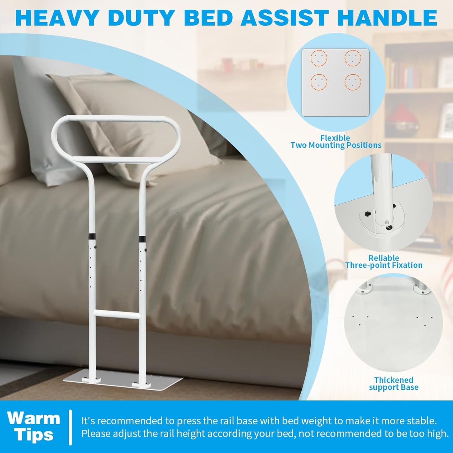 Bed Rails for Elderly Adults Safety, Adjustable Bed Cane for Elderly, Heavy Duty Stand Assist Railing for Seniors, for Couch, Chair, Full, Twin Bed (260LBS Loading, 5 Heights, White)