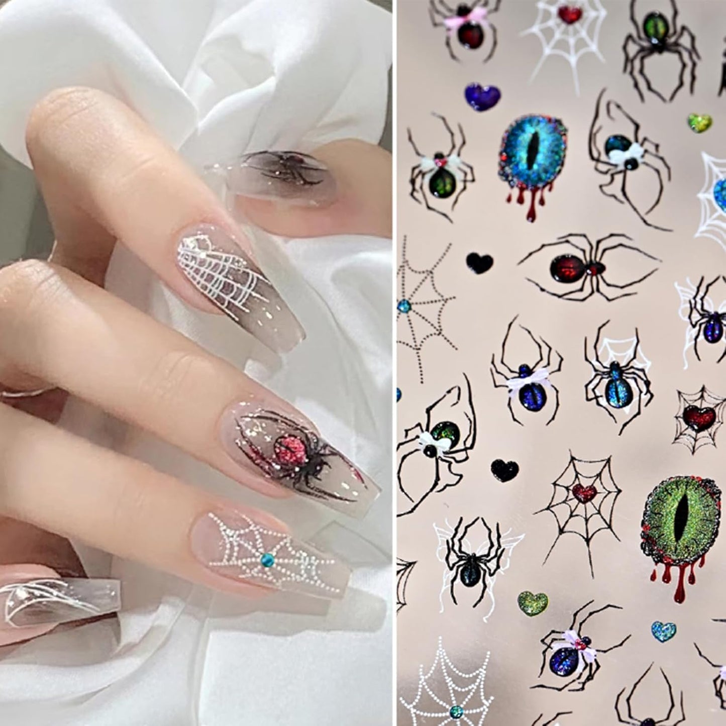 5D Embossed Spider Nail Art Stickers Halloween Nail Stickers Sparkling Eyes Spider Web Nail Decals Gothic Design Manicure Decoration for Women Girls Holiday Nail Supplies 1 Sheets