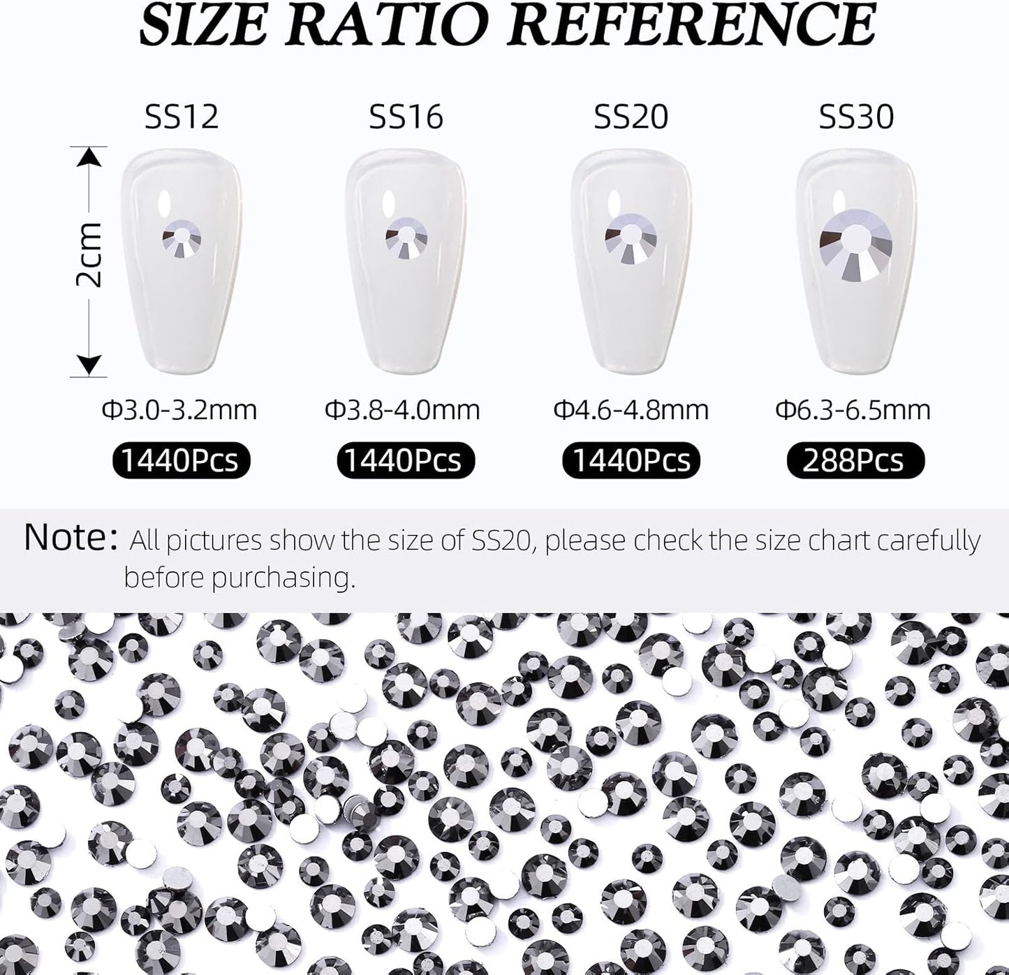 Black Hematite Flatback Rhinestones, Glass Rhinestones for Nail Art and Craft, Glue Fix, Loose Crystal Gemstones(Black Hematite, SS16, 1440pcs, 3.8-4.0mm)