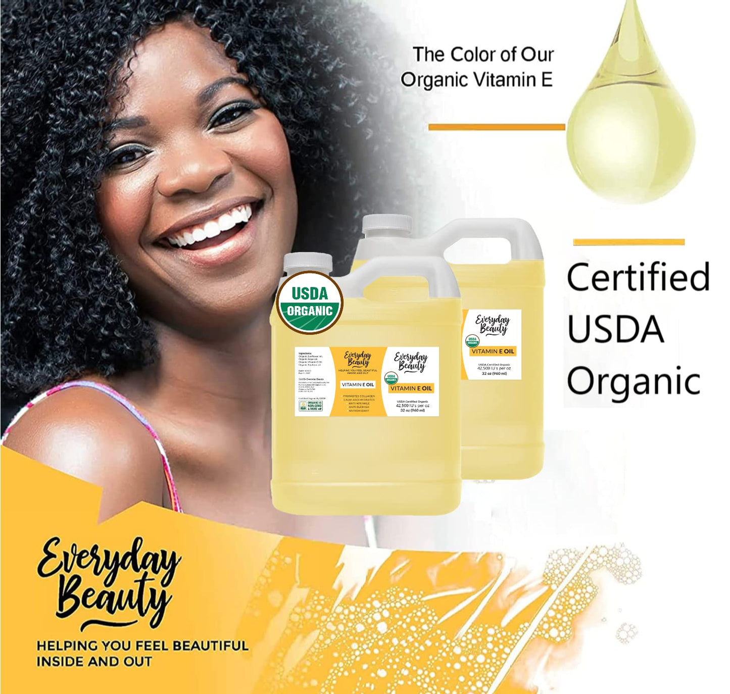 Organic Vitamin E Oil - 64 oz Bulk USDA Certified 100% All Natural & Plant Based - Light and Unscented Great for Scars After Surgery - For Face, Skin, Hair and Nails - Anti-Wrinkle, Anti-Aging