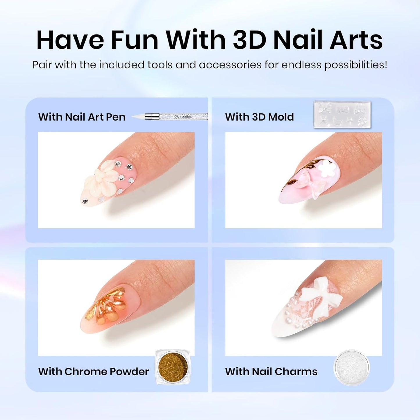 Beetles 3D Nail Art Brushes, Dual-ended Silicone Manicure Tool, Gold Chrome Nail Powder, 15mm Liner Brush, Dotting Tool with Flowers Bowknot Mold, Pearls, for 3D Manicure Design Carving Drawing Effect