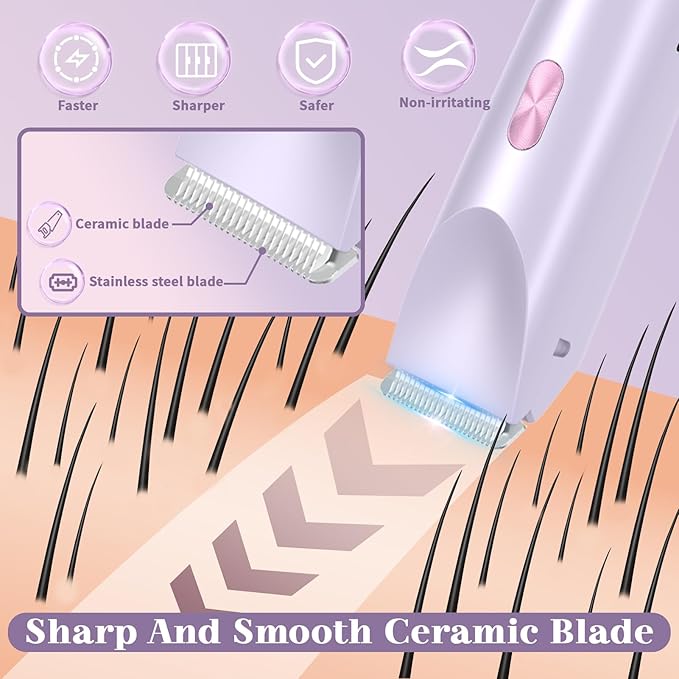 Women Bikini Trimmer, Dual-Head Hair Trimmer for Women,2-in-1 Bikini Shaver with Ceramic Blade Heads & Type-C Charging Port, Electric Razors for Women Pubic Hair,Underarms,Legs,Arms,Face(Light Purple)