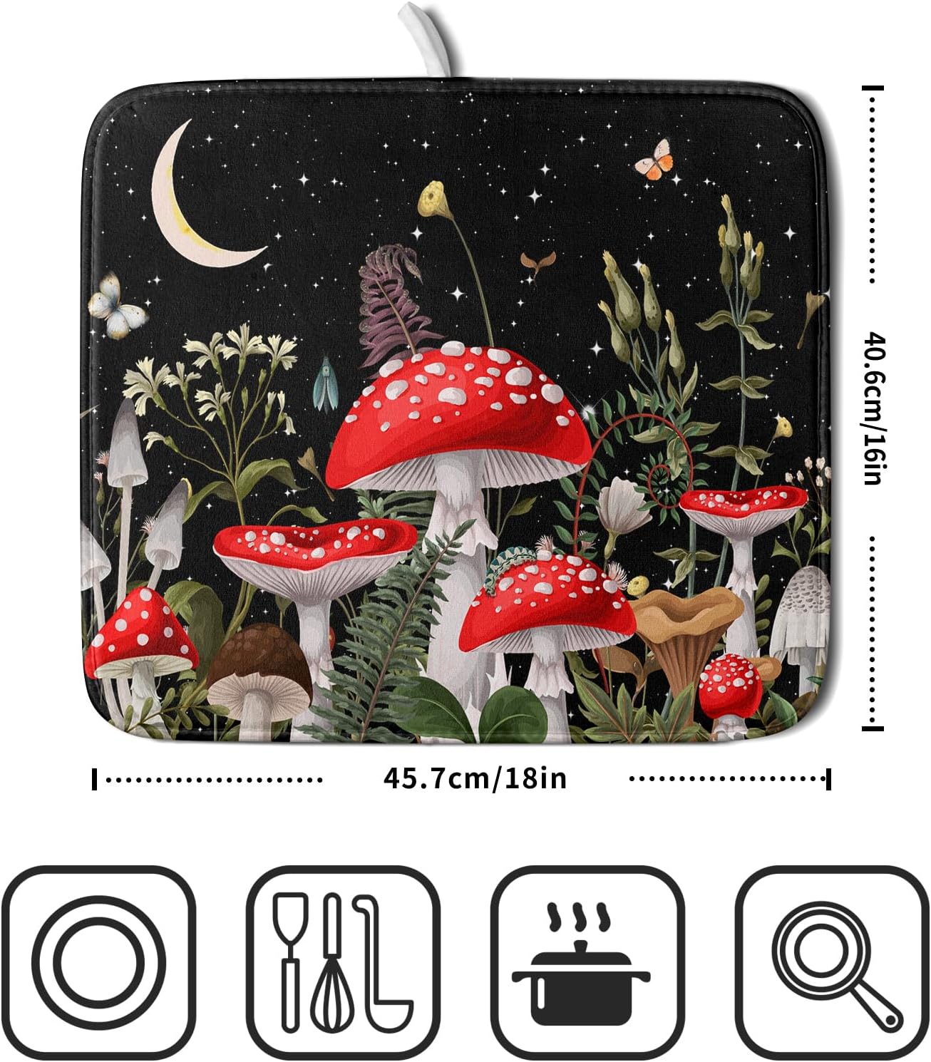 Red Mushroom Dish Drying Mat for Kitchen Counter Plant Leaves Drainer Mats Rack Holder Countertop Absorbent Microfiber Coffee Pads 16x18 Inch