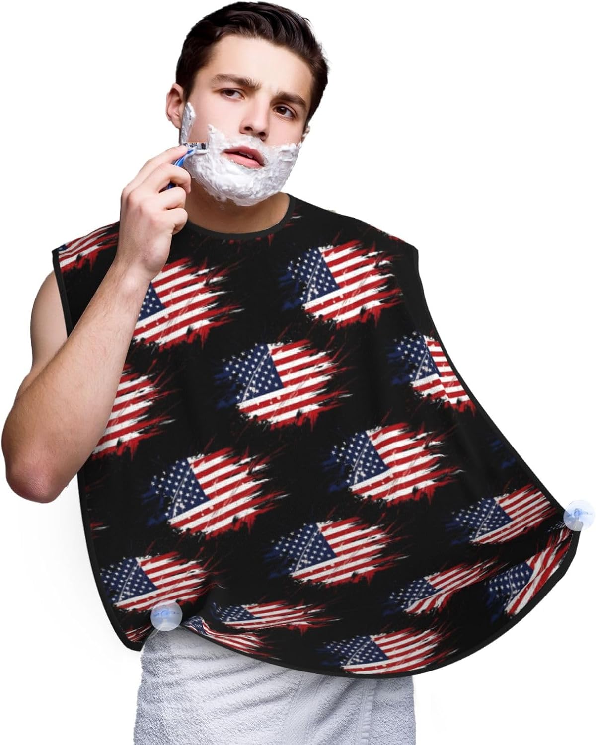 Beard Apron Hair Catcher, American Flag Art Shave Bib, Waterproof Non-Stick Shaving Bib, Trimming Grooming Tool for Dad Men Anniversary