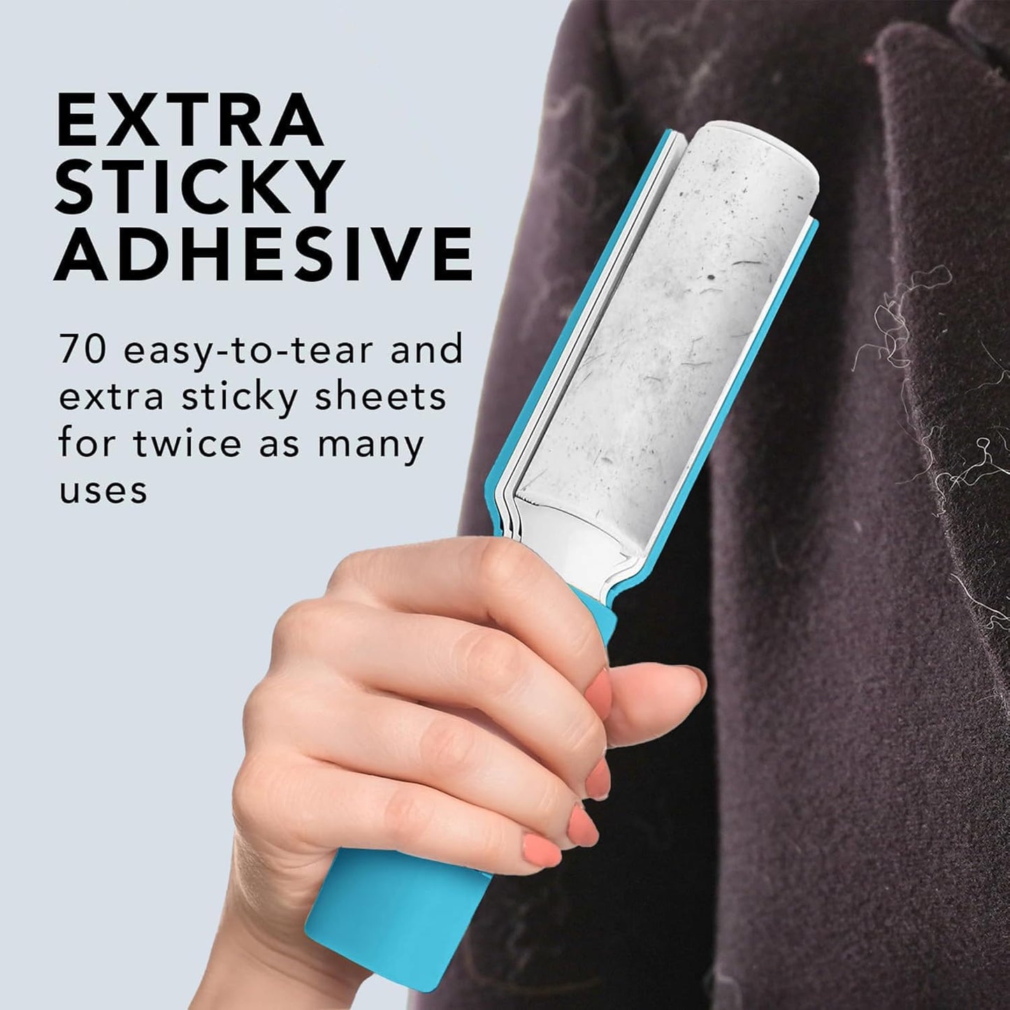 Flint Plus Retractable Lint Remover & Pet Hair Roller for Clothes – Refillable & Reusable Lint Roller with 70 Extra Sticky Tear-Off Sheets – Value Pack, Light Blue