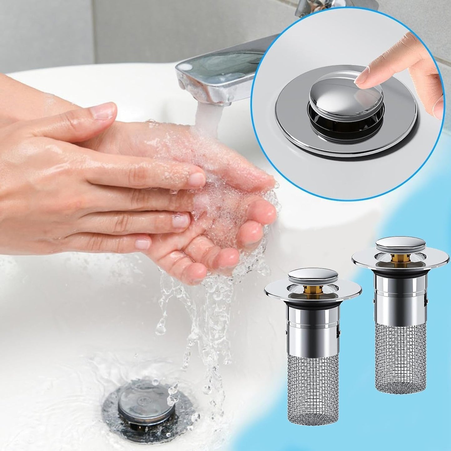 Sink Plug Hair Trap, Off-Bathroom Sink Stopper Hair Catcher, 2026 New Universal Pop up Sink Drain Filter, Stainless Steel Floor Drain Filter Bathroom Sink with Basket, Easy to Install (5Pack)