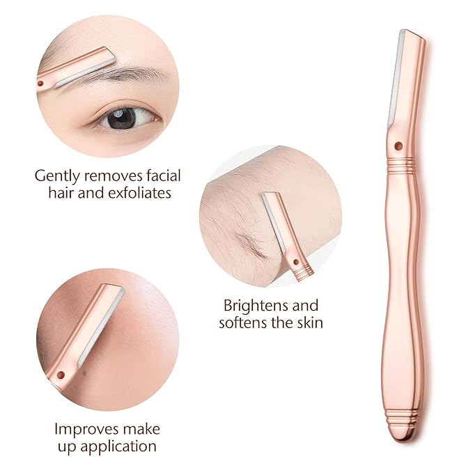 Eyebrow Razor, Dermaplaning Tool for Face, Face Razors for Women, Dermaplane Razor, Hair Removal and Exfoliation, Facial Razor, Face Shaver for Women&Men, 6 Blade Refills with Blade Cover (Rose Gold)