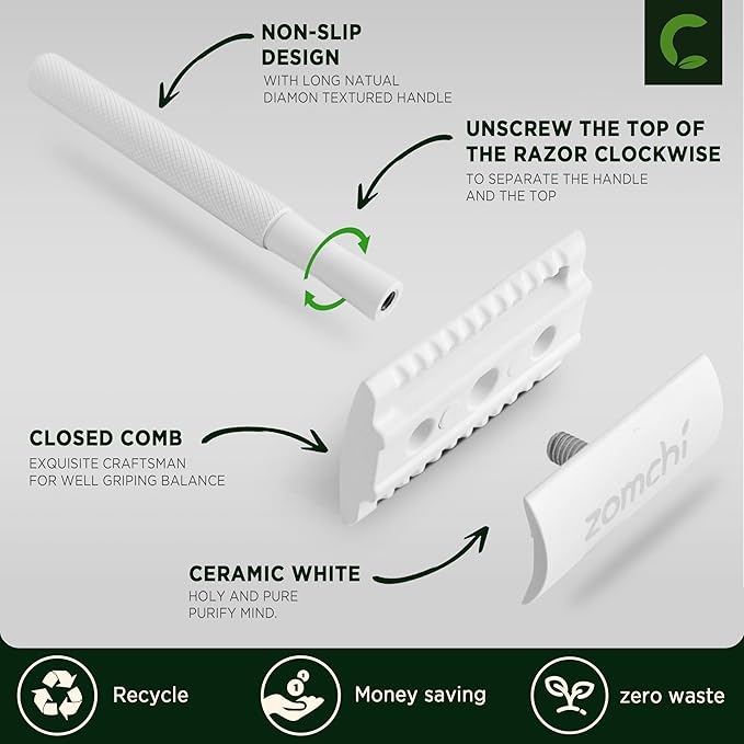 ZOMCHI Double Edge Safety Razor with Stand for Men, Women Razor with 10 Double Edge Safety Razor Blades, Plastic Free Metal Razor – White