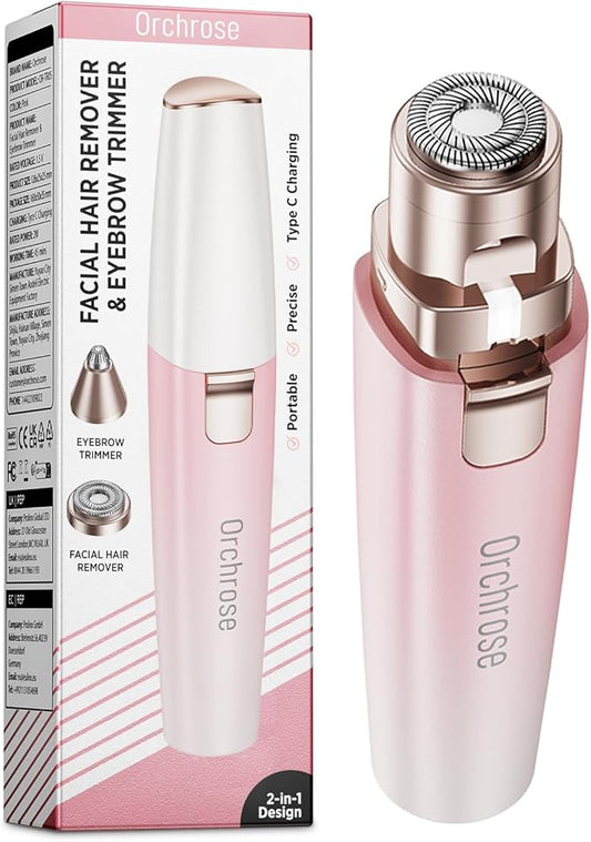 Rechargeable Facial Hair Remover for Women: 2-in-1 Device for Shaping Eyebrows and Removing Face Peach Fuzz (Gradient Pink)