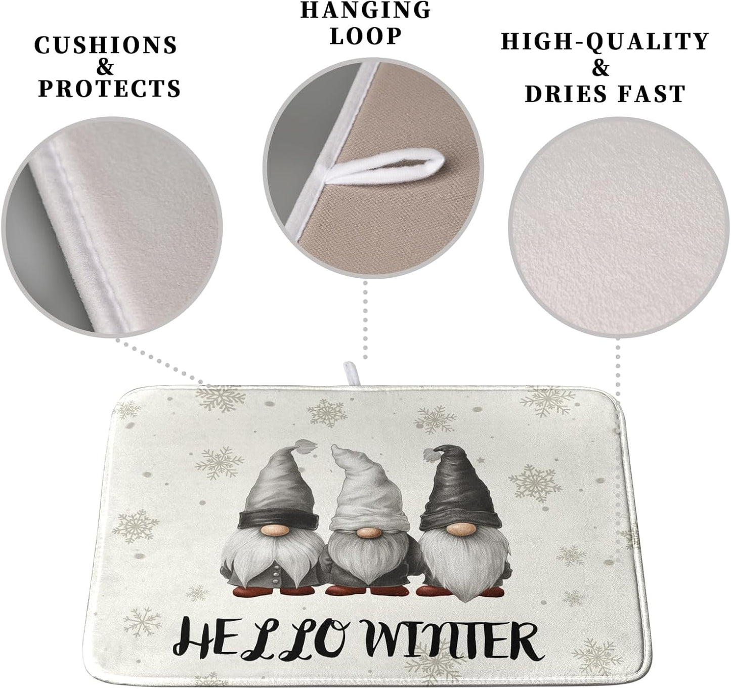 Winter Gnome Dish Drying Mat for Kitchen Counter 16x18 Christmas Snowflakes Santa Kitchen Drying Mat Hello Winter Dish Drainer Mat Super Absorbent Dish Rack Mat for Coffee Bar Countertop