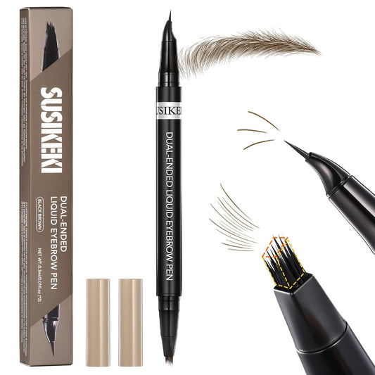Dual-Ended Microblading Eyebrow Pencil for Women, 2 in 1 Liquid Eyebrow Pencil with Curved Tip and 4D Brow-Fection Microblading Pen, Shaped Fill HairLike Waterproof Lasting Eyebrows 02 Brown