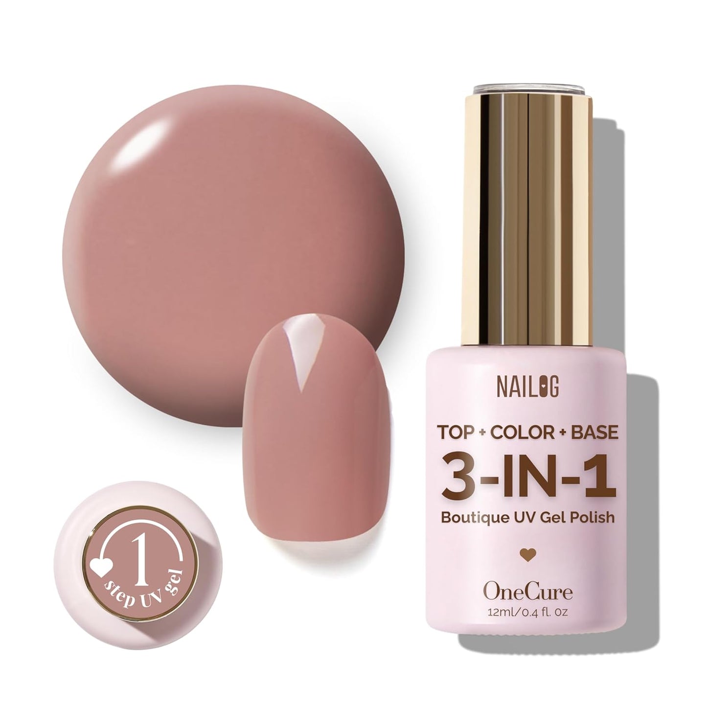 NAILOG One Step Nude Gel Nail Polish 12ml Top Coat Color Gel Base 3-In-1 Formula Soak Off UV Gel Polish for Home DIY & Gifting | Light Rosewood