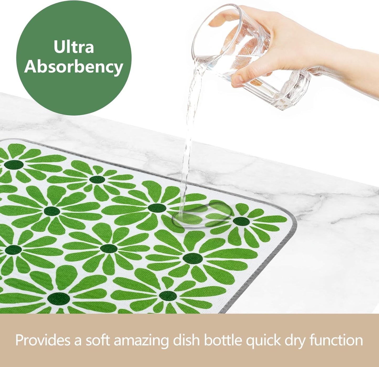 SHIYUE Dish Drying Mat for Kitchen Counter Super Absorbent Spring Kitchen Decor Microfiber Drying Matainers Rack Fast Pad Dish Drainer Mats(Cute Green Flower,18''x24'')