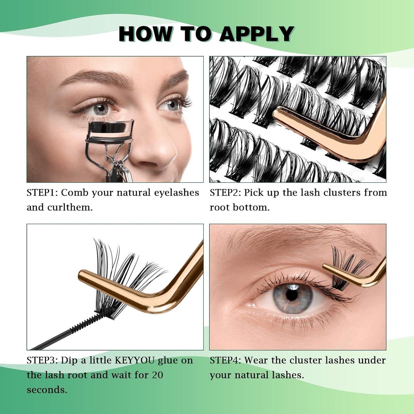 Lash Clusters 300pcs Individual Lashes 40D 0.07D Curl 16mm DIY Eyelash Extension KEYYOU Large Tray Volume Soft&Natural Cluster Lashes(40D-0.07D,16）