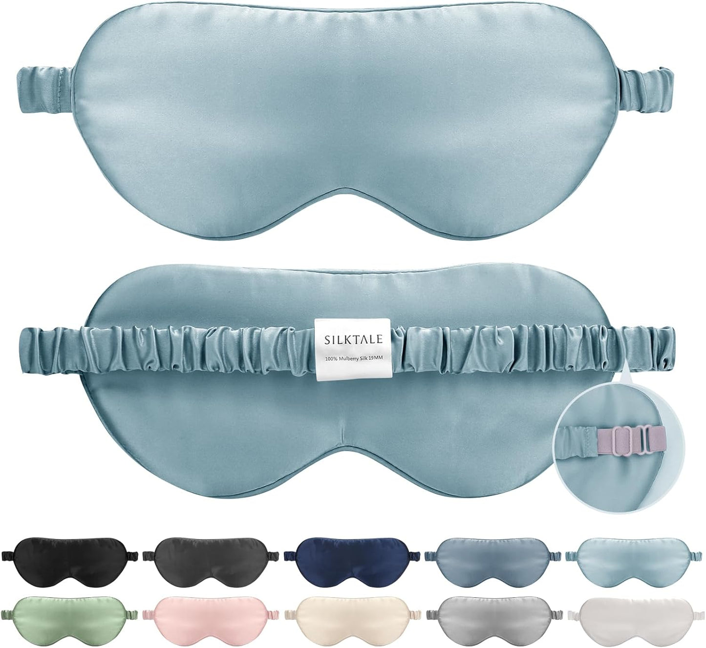 Mulberry Silk Blackout Adjustable Sleep Eye Mask for Men/Women Travel Plane,Pale Blue