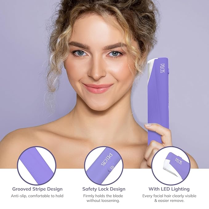PELCAS Electric Dermaplaning Tool for Women Face with LED Light 3 Speeds Mini Dermaplaning Razor with 6 Blades, 2 in 1 Facial Peach Fuzz Hair & Exfoliation Removal System At Home BV18-712 Light Purple
