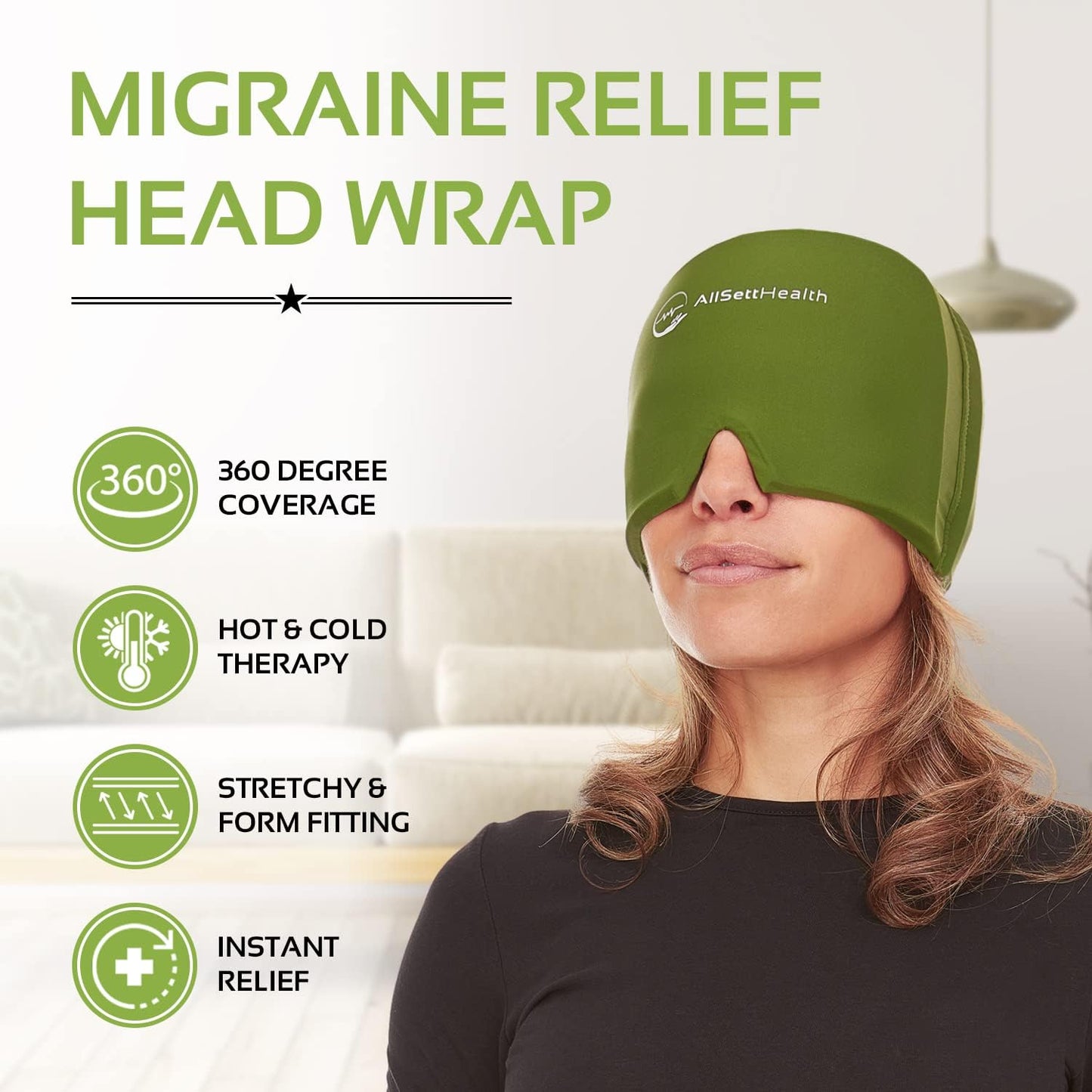 Migraine Relief Cap Ice Head Wrap Headache and Migraine Hat | Headache Relief with Hot/Cold Gel Head Ice Pack with Face and Eye Headache Mask Compress - Green