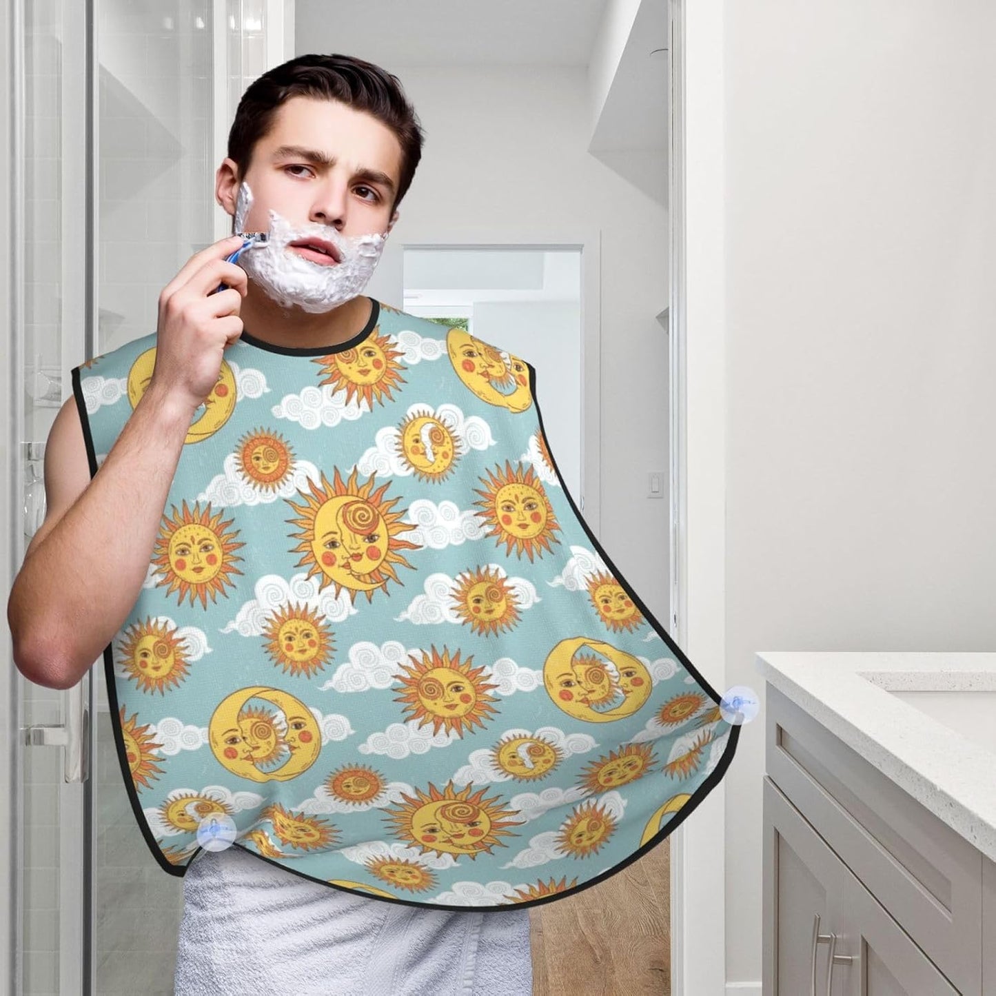 Waterproof Grooming Apron, Non-Stick Beard Bib with Suction Cups, for Tarot Card Astrology Magic Crescent Moon Sun Astrology