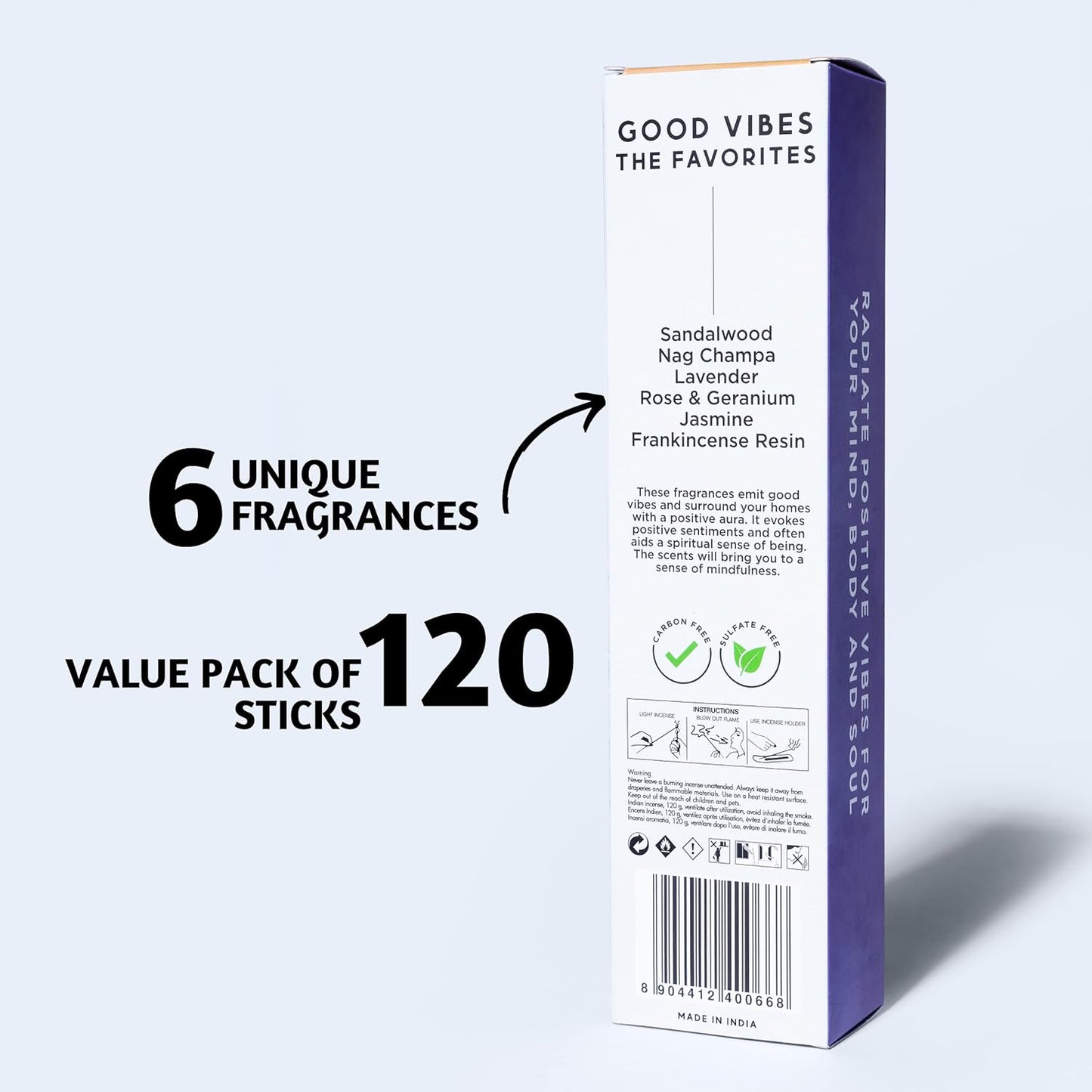 Folkulture Incense Sticks | Set of 6 (120 Non Toxic Insence-Sticks) with 45 Mins Burn Time | Lavender, Frankincense, Rose and Geranium, Jasmine, Sandalwood | Organic Nag Champa Inscents-Sticks