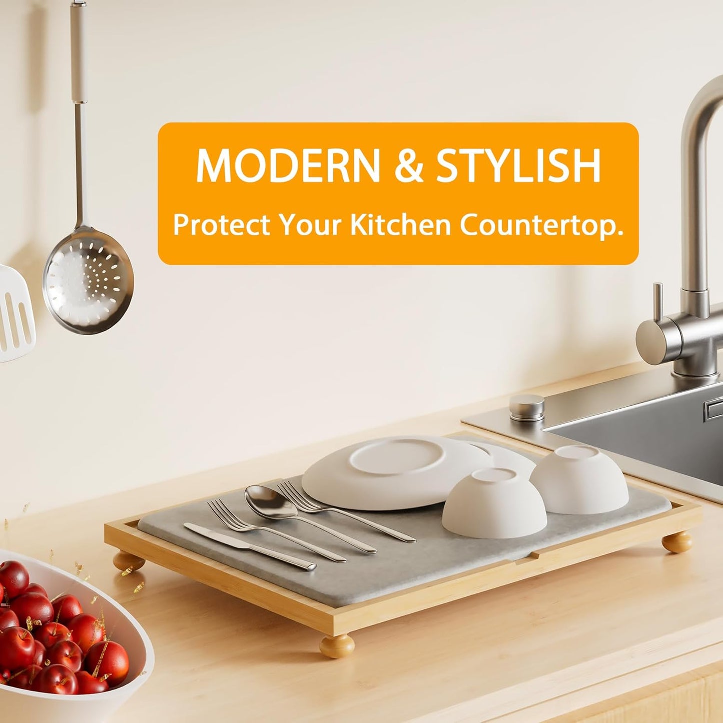 Golener Stone Drying Mat for Kitchen Counter, Dish Drying Pad with Bamboo Rack, Super Absorbent Diatomaceous Earth and Drying Rack, Multi-purpose Quick Drying Mat Rack for Kitchen, 16”x12”, Dark Grey