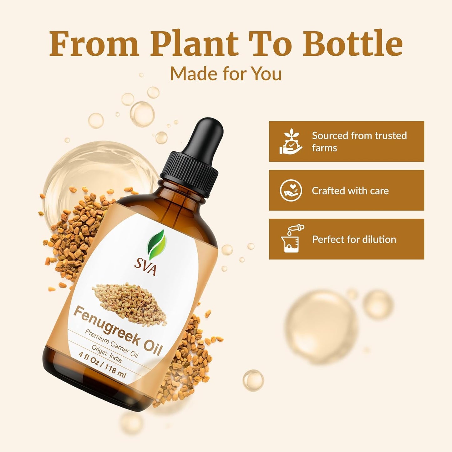 SVA Fenugreek Oil 4oz (118ml) Premium Carrier Oil with Dropper for Hair Care, Hair Oiling, Scalp Massage & Skin Care