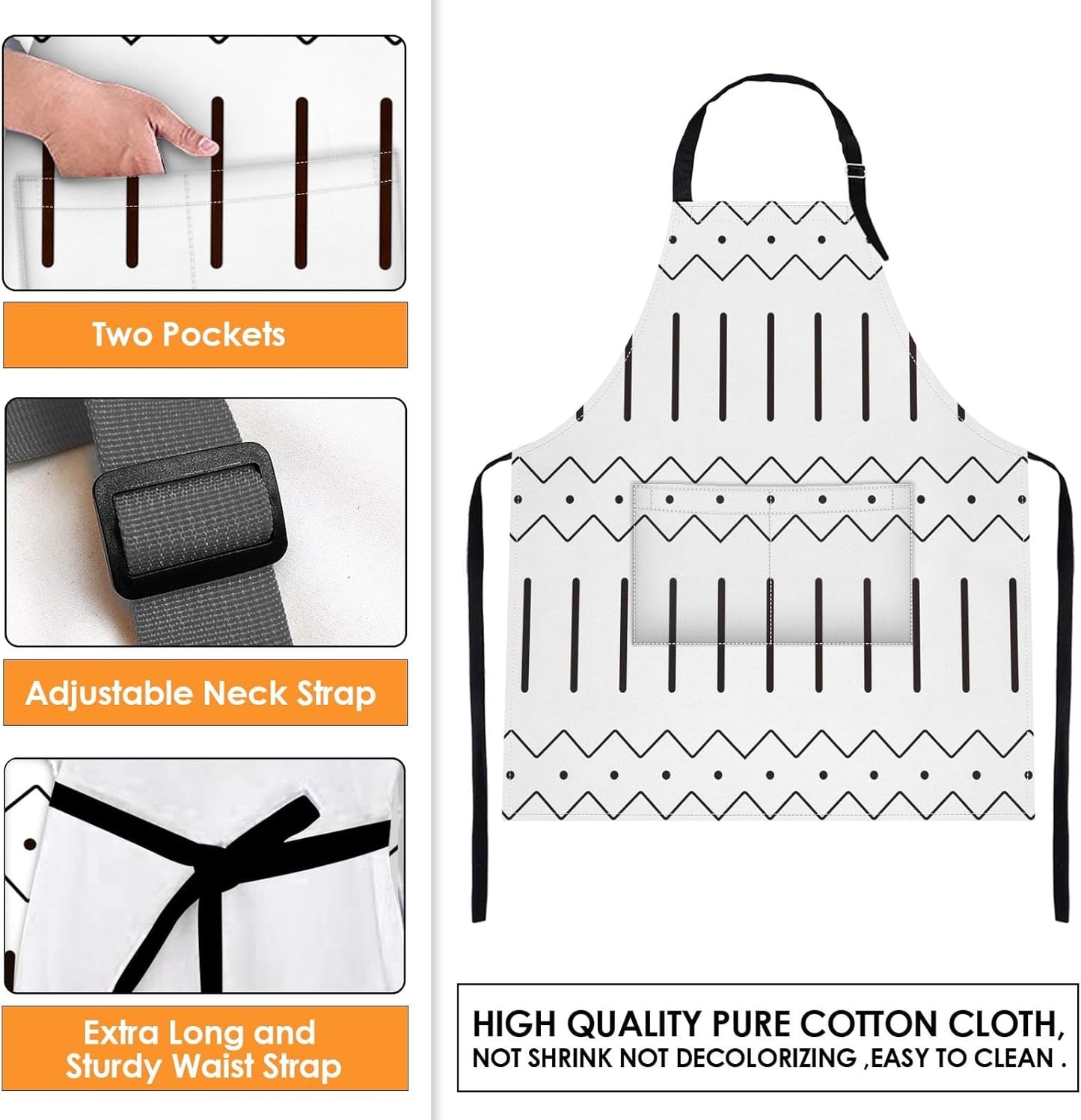 Britimes 2 Pack Aprons, Boho Stripe Adjustable Bib Aprons with 2 Pockets for Women Men Couple Lovers Chef Home Kitchen Cooking Baking Gardening Black and White Apron 32x28 Inches