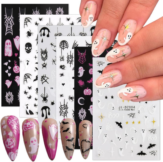 6 Sheets Nail Art Stickers Decals - White Pink Ghost Spider Bats 3D Halloween Pumpkin Skull Spider Web Self Adhesive Nail Decals for Women DIY Nail Decoration