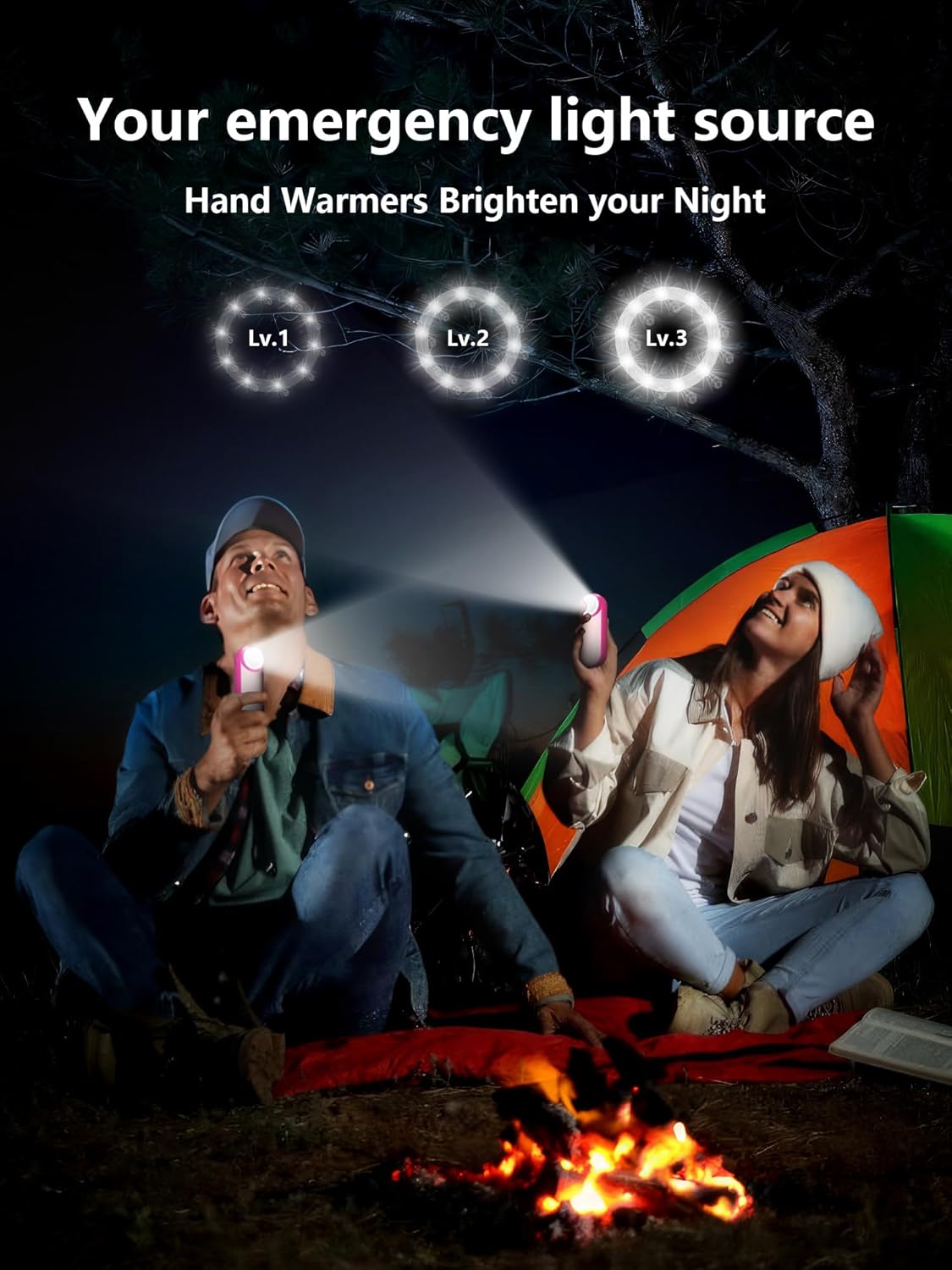 Hand Warmers Rechargeable,12000mAh Electric Hand Warmers with Light, 2 Pack Pocket Hot Hands Reusable Up to 20 Hours, Double Sided Heat Portable Heater for Hunting, Camping Gear, Stocking Stuffers