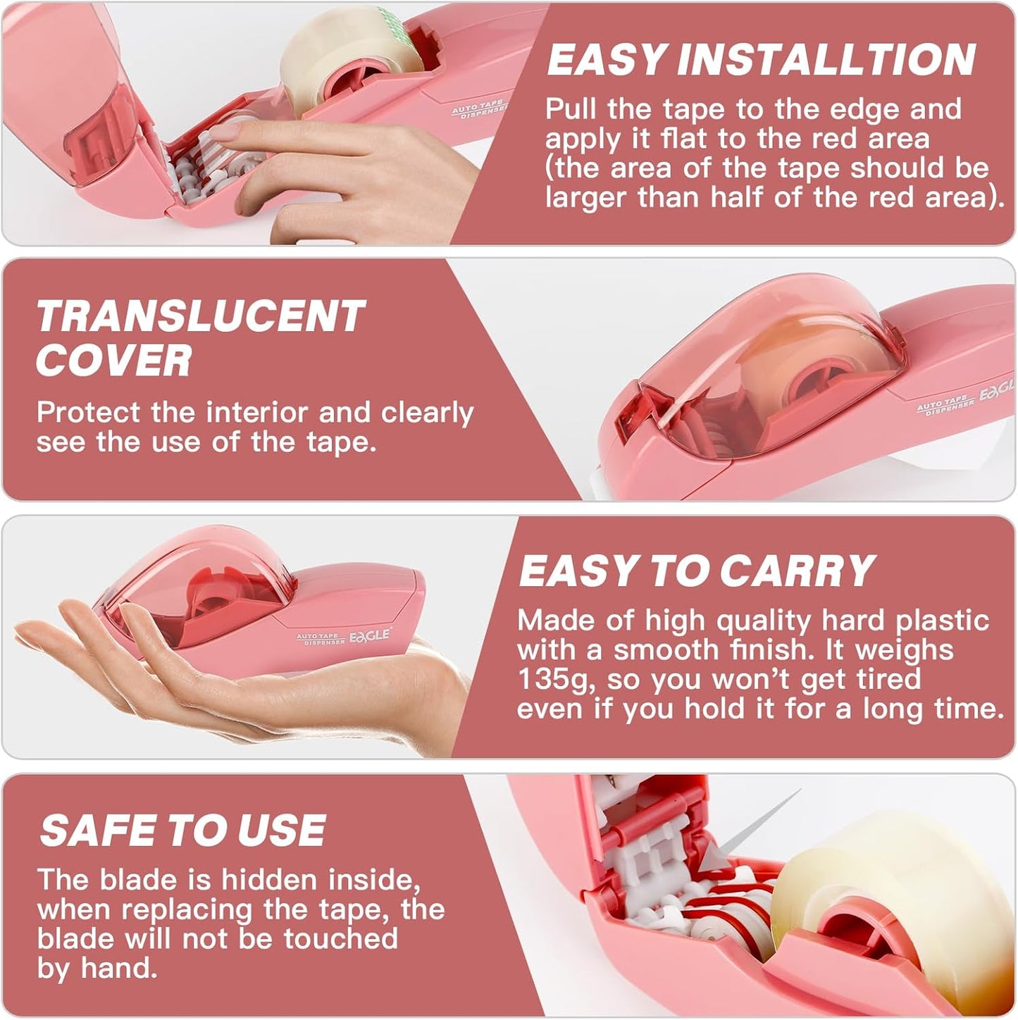 Eagle Automatic Tape Dispenser, Handheld & Portable Design, Office Tape Gun, One-Handed Operation with Safety Blade for Office, Home, DIY or Packaging (Includes 2 Free Tapes)（Flamingo Pink）
