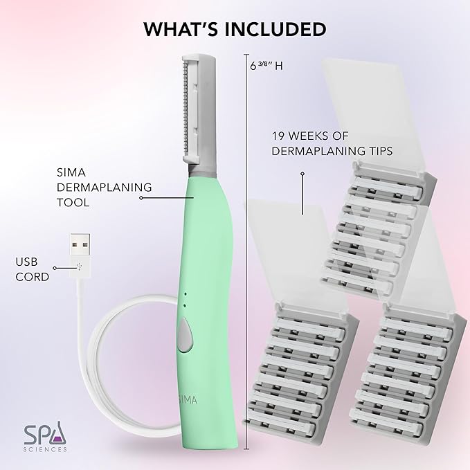 SPA SCIENCES - SIMA Patented Dermaplane Razor for Women Face – Painless 2-in-1 Facial Exfoliation & Peach Fuzz Hair Removal – Anti-Aging – 3 Speeds – Rechargeable – 21 Weeks Treatment