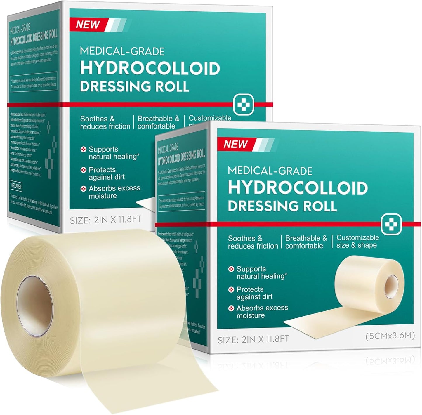 2Pack Hydrocolloid Roll for Wound Care (2IN X11.8FT), Medical Grade Self-Adhesive Hydrocolloid Patch Bandages for Wound Healing,Ultra-Thin & Waterproof, Scar Prevention, Burn Care