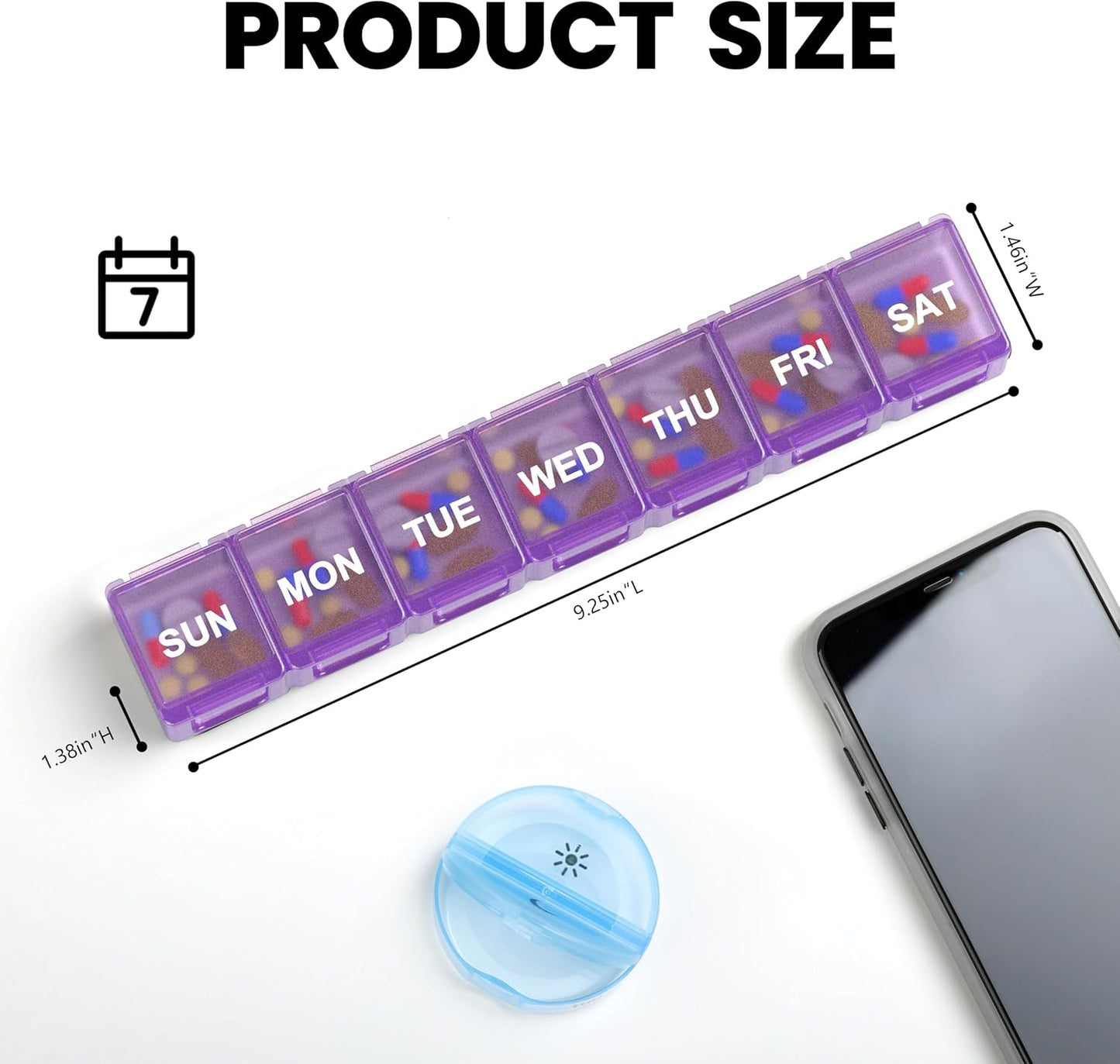 Sukuos Extra Large Weekly Pill Organizer, 7 Day Daily Pill Box Case Arthritis Friendly, Silkscreen Printed Medicine Container with Clear Lid for Vitamins, Fish Oils or Supplements (Purple)