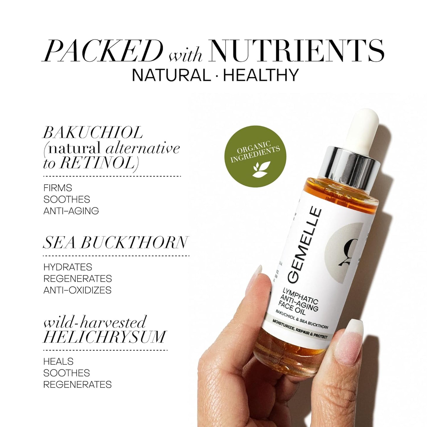 GEMELLE Lymphatic Anti-Aging Face Oil | 10x Award winner | Vitamin C,E & A | Moisturize, Repair & Protect | Bakuchiol, Sea Buckthorn & More! | Organic, Natural, Clean Beauty | Starter, Travel 15ml
