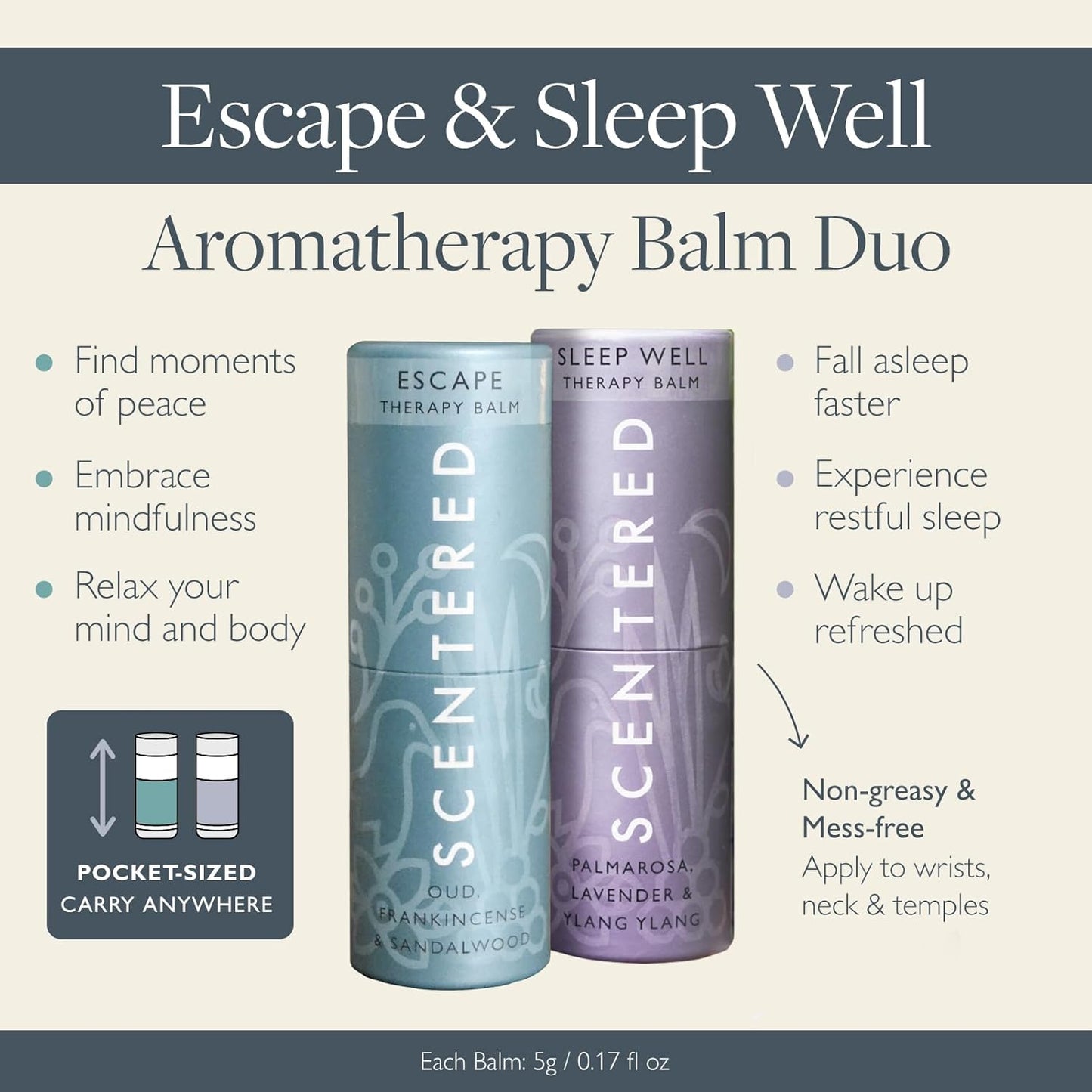 Scentered Aromatherapy Balm Stick Duo for Sleep & Meditation - Roll On Essential Oil Blends of Oud, Lavender, Ylang Ylang - Aromatherapy Gifts for Women - Sleep Well & Escape