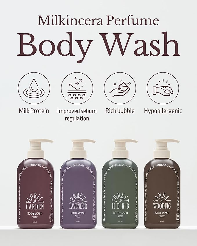 ODID Milk in Cera Perfume Body Wash - Korean Moisturizing Body Cleanser for All Skin Types - Cozy Wood & Fig Scent- with Milk Protein and Ceramide, 16.9 fl.oz.