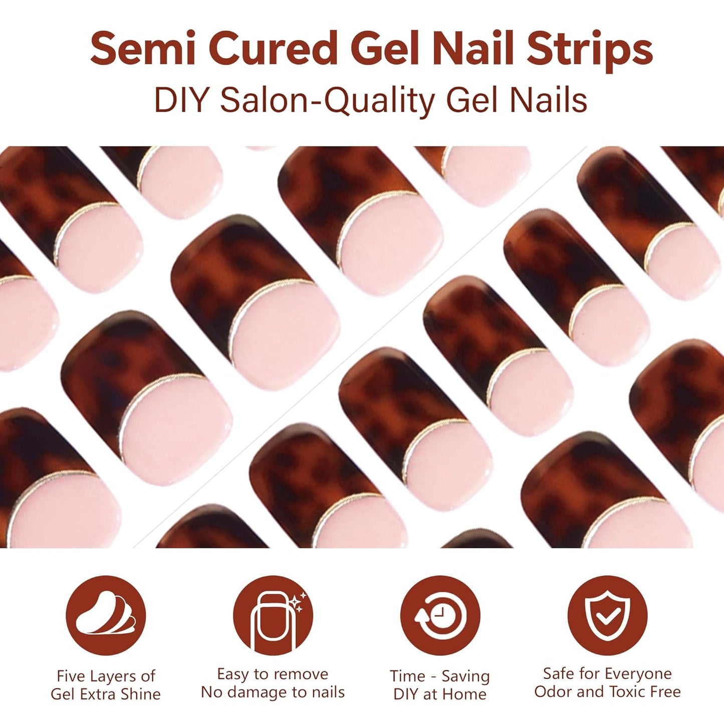 Semi Cured Gel Nail Strips-Leopard Print French Tip Press on Nails Salon Quality Lasts Through Work & Weekends for Party & Daily Works with Any UV/LED Lamps(Leopard French)