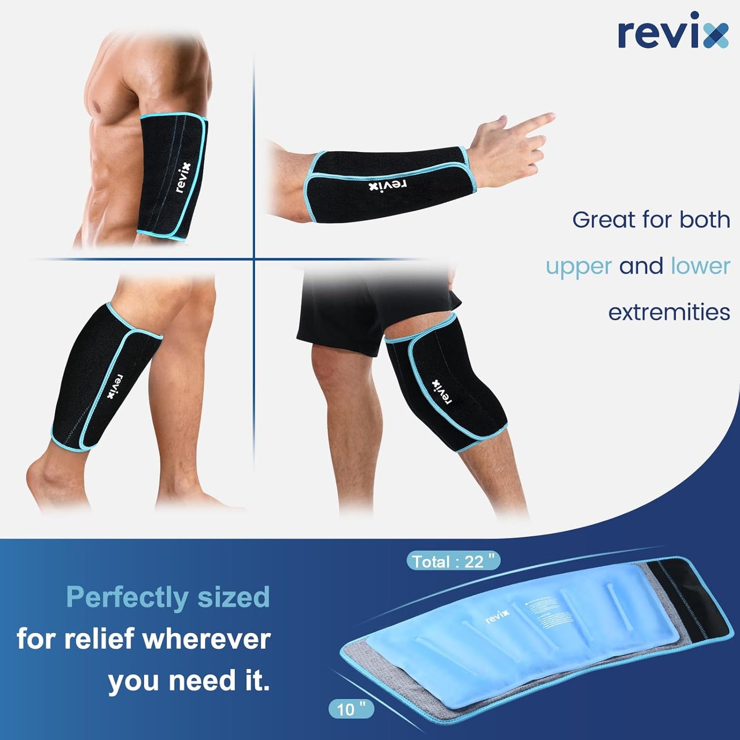 REVIX XL Shin Ice Packs Reusable Gel Cold Pack for Calf Leg Elbow Discomfort Relief, Calf Ice Wrap Cold Therapy Compression Sleeve Promotes Post-Workout Recovery, Set of 2