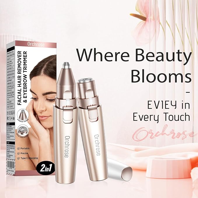 Rechargeable Facial Hair Remover for Women: 2-in-1 Device for Shaping Eyebrows and Removing Face Peach Fuzz(Rose Gold)