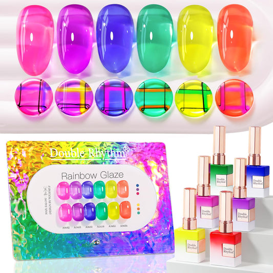 Double Rhythm 6 Pcs 15 ML Gel Polish Set Same Color Same Bottle Soak Off Jelly Neon Gel Polish Kit Nail Art Manicure Salon DIY at Home (Pink Purple Blue Green Yellow Green-T6-50)