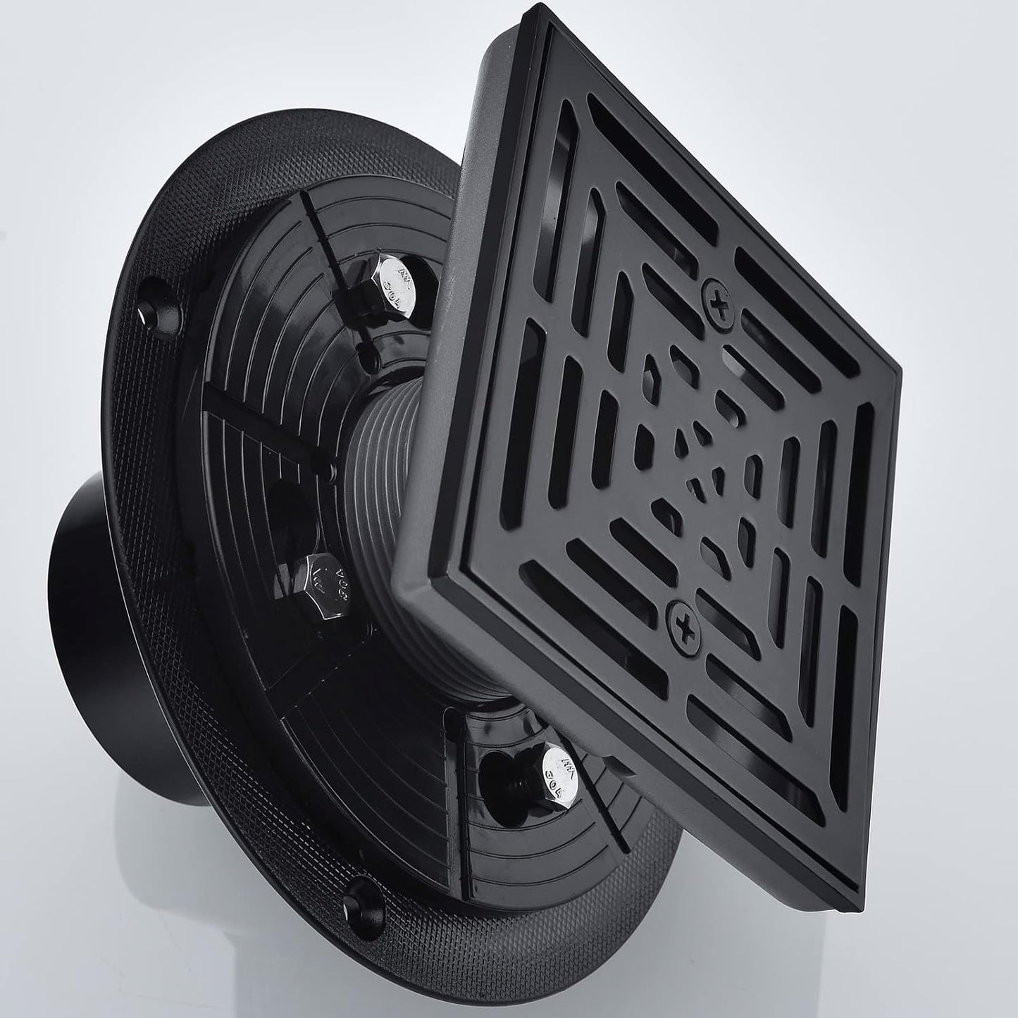 RANDOM 4 Inch Black Shower Drain Square with Adjustable PVC Base Flange,SUS304 Stainless Steel Matte Black Shower Floor Drain with Removable Cover Grid Grate