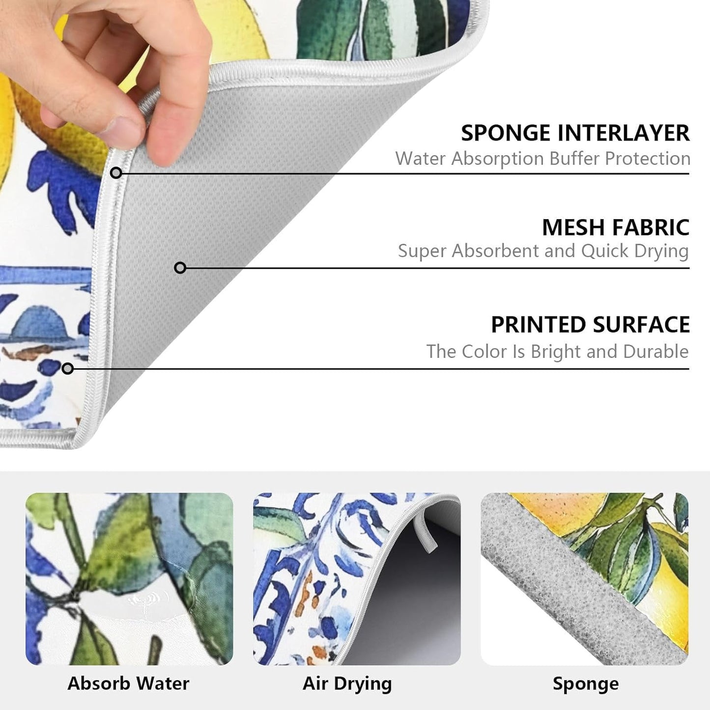 Lemon Olive Tree Italian Tile Dish Drying Mats for Kitchen Counter Absorbent Microfiber Dish Drying Matt 16 x 18 Inch Draining Reusable Rack Pad