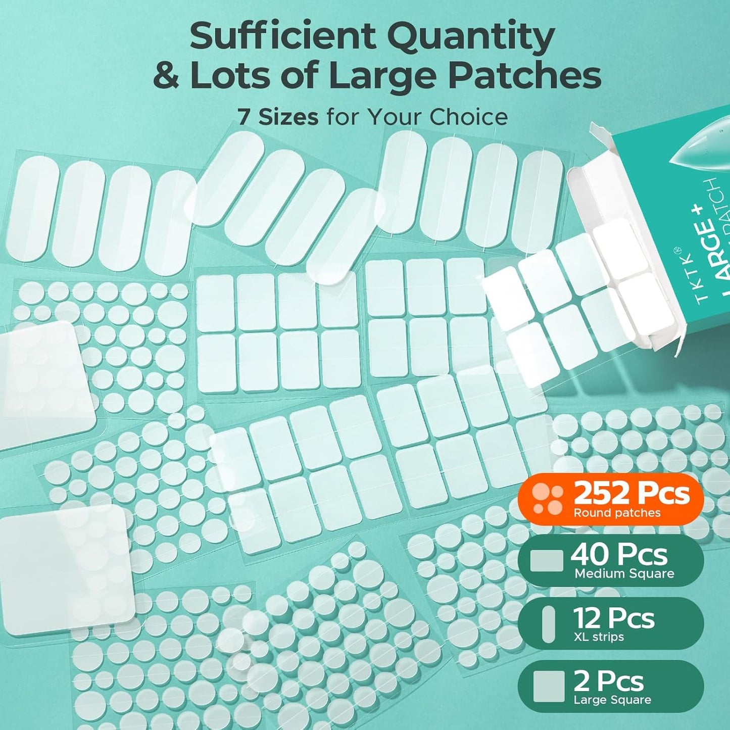 Large Pimple Patches for Face, 7 Sizes Big Acne Patches, XL Hydrocolloid Bandages for Body, Chin, Forehead, Nose, Back Blemish Zit Breakouts, Hydrocolloid Patch (Square, Strip, Dot 306 Count)