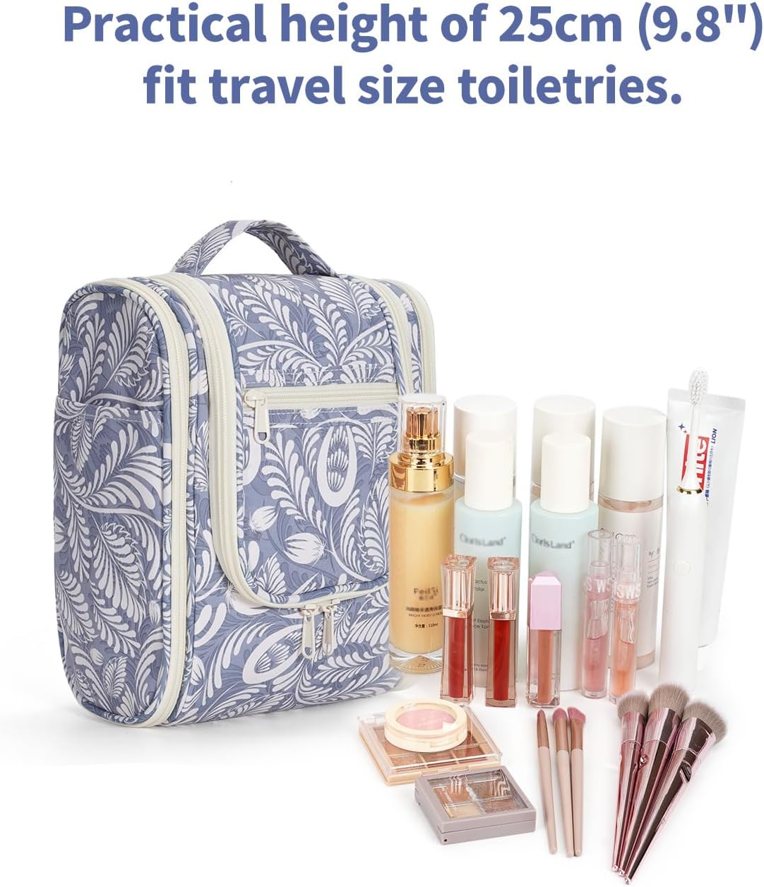 Narwey Small Hanging Toiletry Bag Women Travel Makeup Bag Organizer Toiletries Bag for Travel Size Essentials Accessories Cosmetics (Medium, Blue Leaf)