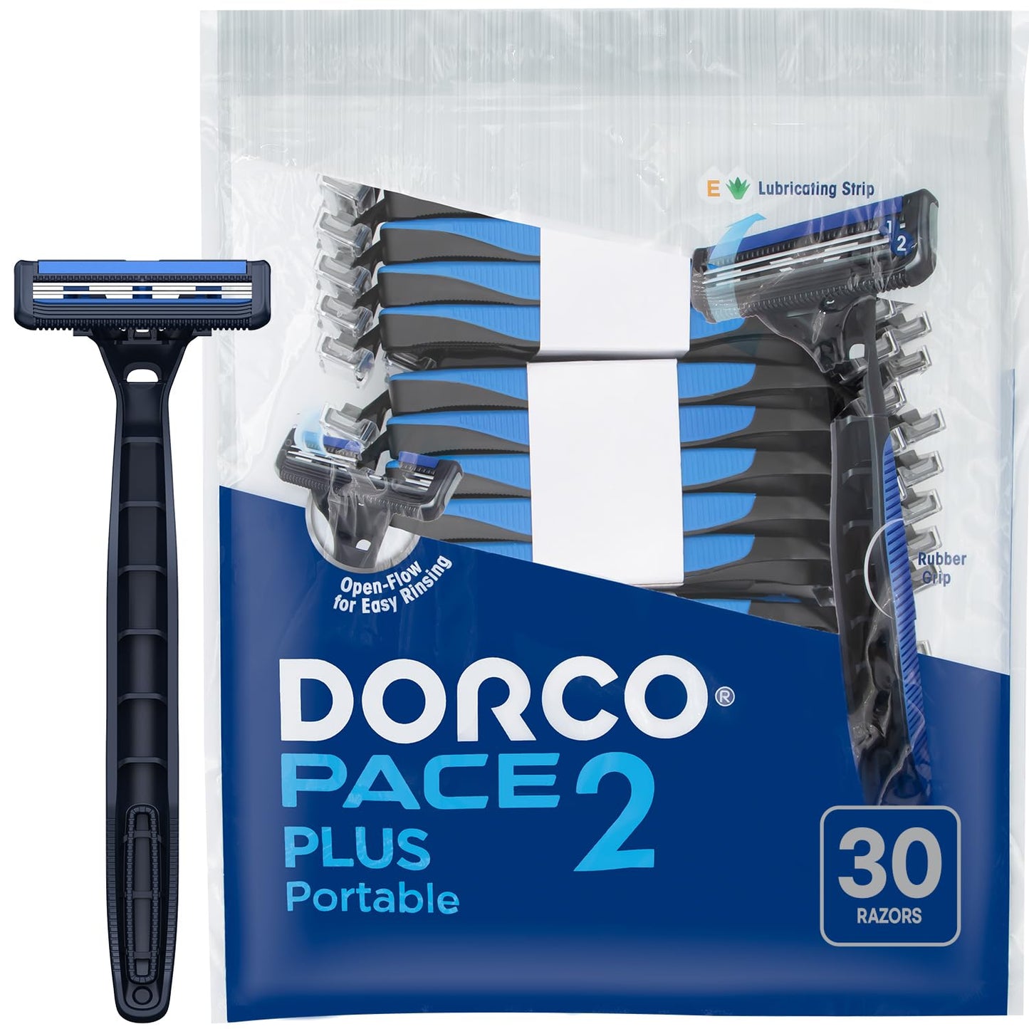Dorco Pace 2 Plus Disposable Razors for Men (30ct), 2 Blades Shaving Razor, Pivoting Head, Open-Flow for Easy Rinsing, Lubricating Strip, Long Non-Slip Rubber Handle