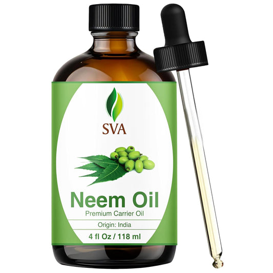 SVA Neem Seed Oil - 4 Fl Oz – 100% Natural Cold Pressed Neem Oil - for Face, Skin Care, Hair Care, Scalp Massage & Body Massage – Carrier Oil with Dropper